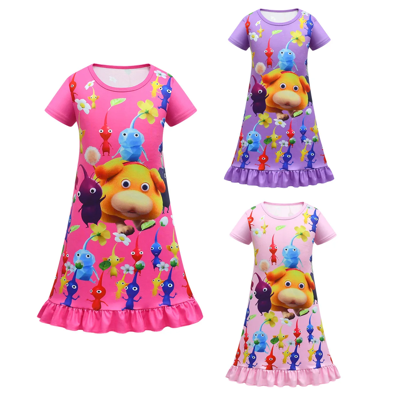 Kids Girls Anime Cartoon Alien Print Short Sleeves Princess Dress Outfit Christmas Role Play Halloween Cosplay Costume