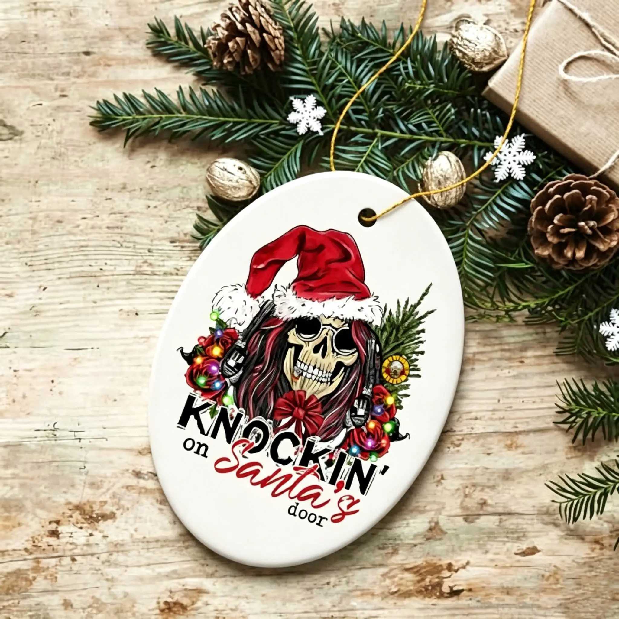 Knocking on Santa's Door: Granular rock-style Christmas decorations, rebellious gunslinger skulls and roses.