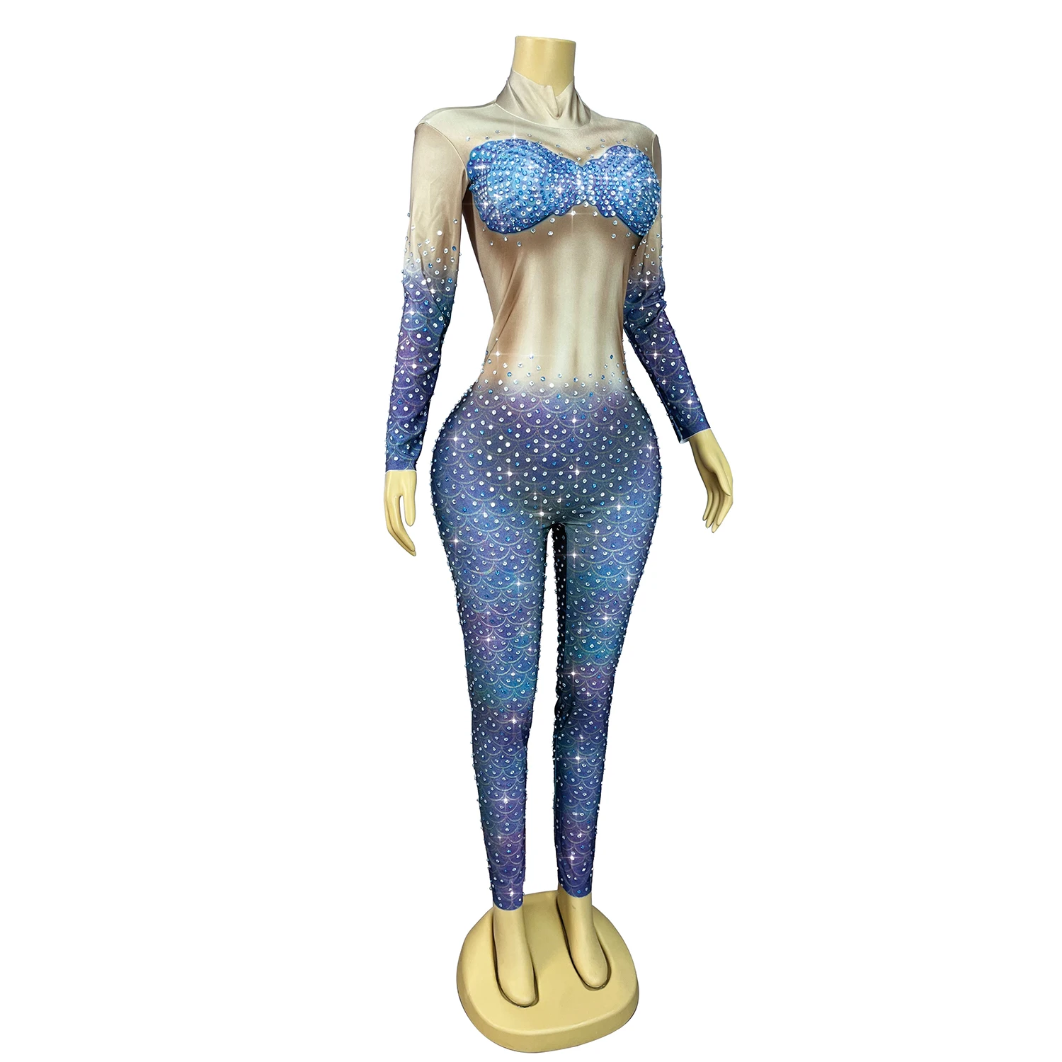 Fish Scale Print Luxurious Sparkling Rhinestone Gradient Jumpsuit Dance Halloween Mermaid Performance Costume Party Jumpsuit