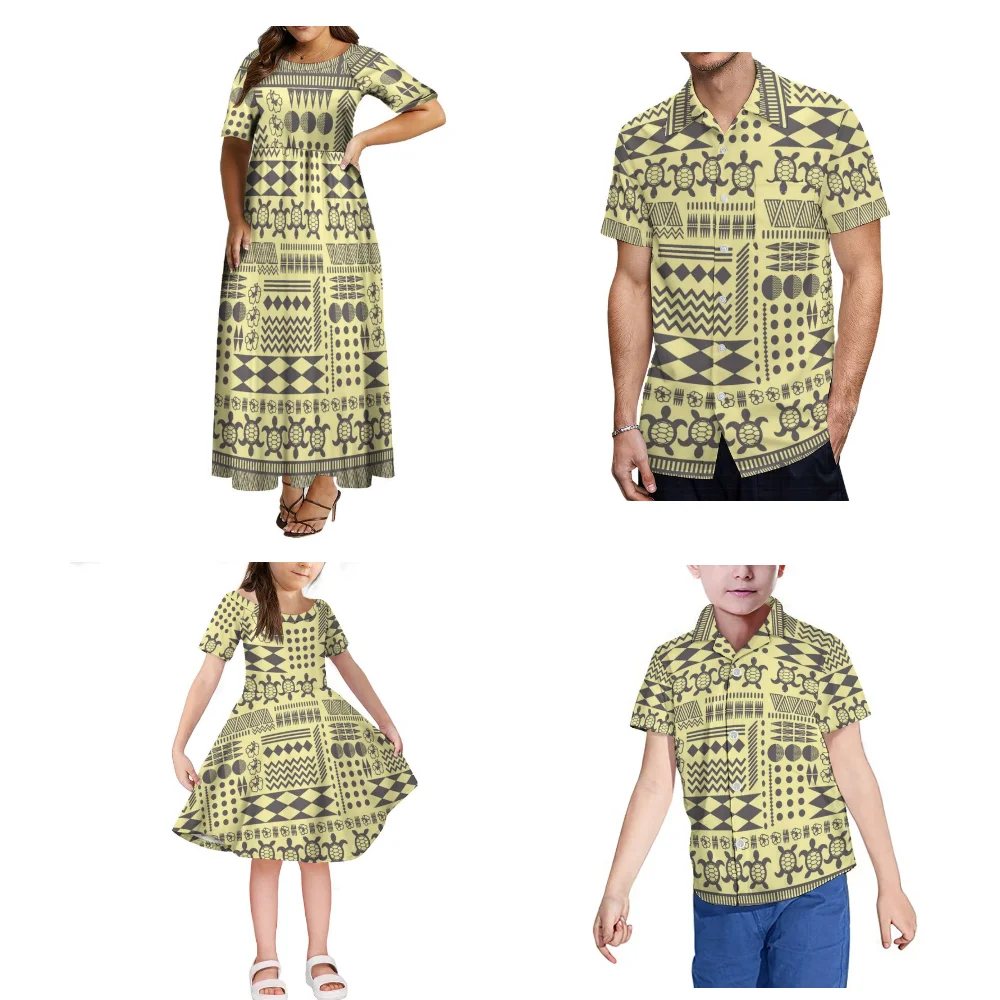 Summer Mother-Daughter Elegant Short-Sleeved Dress Father-Son Fashion Shirt Family Set Custom Polynesian Traditional Print