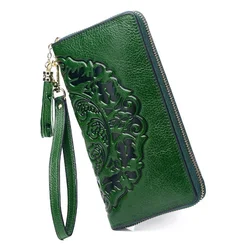 Cartera de piel auténtica 100% para mujer, bolso de mano de piel de vaca de primera capa, largo y de gran capacidad con cremallera, novedad de 2024