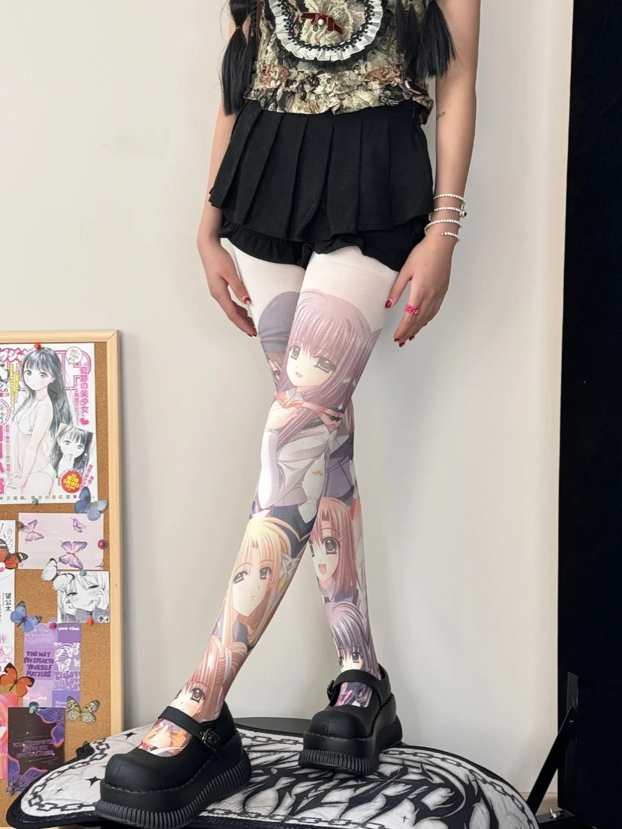 Lolita Socks Women's Velvet Printed Pantyhose Japanese Sweet Cute Cotton Pantyhose Tights Stockings Black