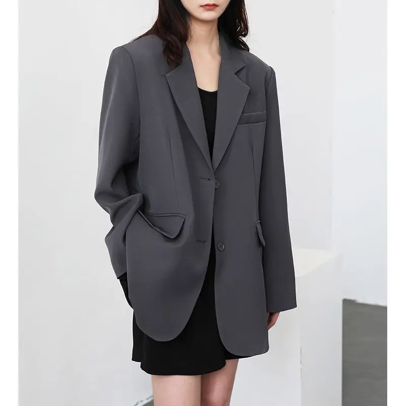 Casual Oversize Lapel Single Breasted Suit Jackets Women Chic Full-sleeve Pocket Blazer Coat Lady High Street Commute Outerwears