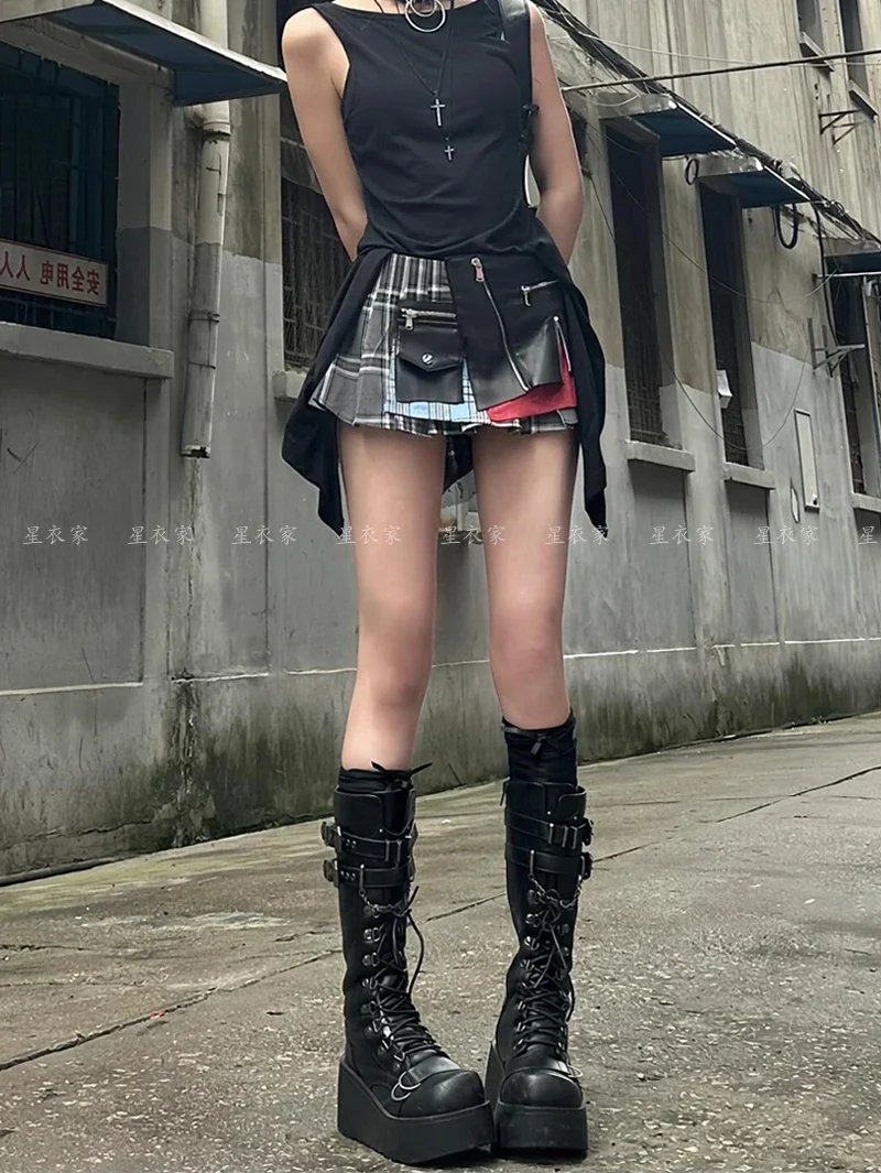 

New Summer Retro Y2k Spicy Girl Punk Style Irregular Half Skirt Spicy Girl Sexy Fashion Plaid Patchwork Skirt