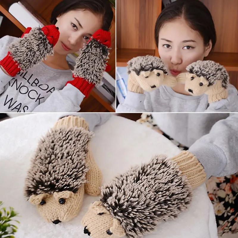 Cartoon Mouse Winter Gloves Without Fingers Knitting Wool Warm Mittens Fingerless Cartoon Hedgehog Gloves Guantes Present