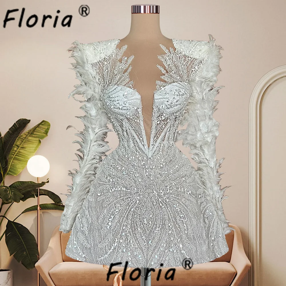 Ivory Beaded Feathers Homecoming Dress Long Sleeve A Line vestidos de coquetel Party Dresses vestidos para eventos especiales