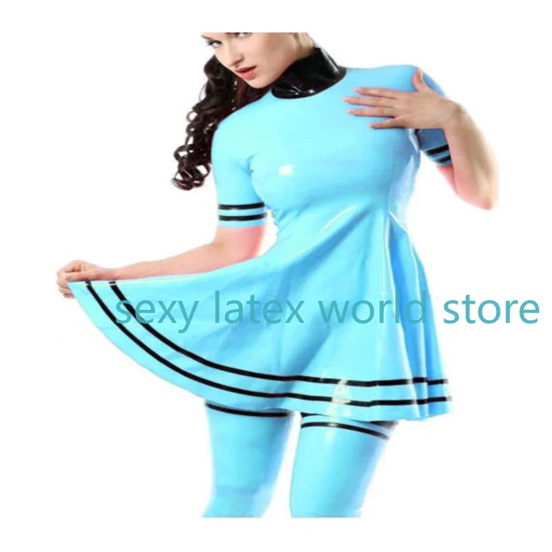 

Latex Dresses Rubber Sky Blue Short Sleeve Skirt 0.4mm S-XXL for Women