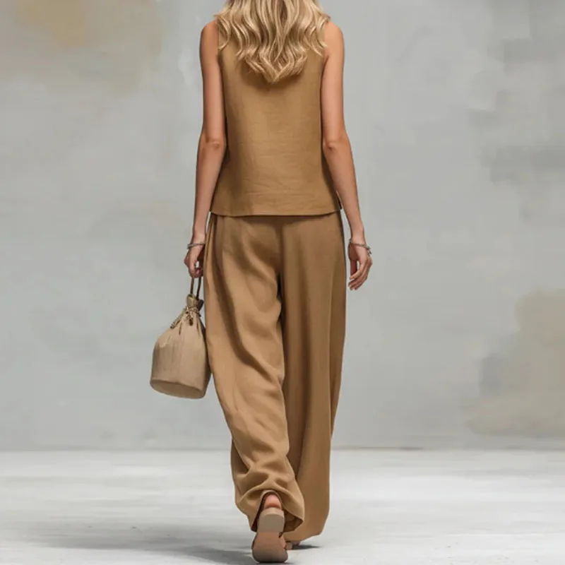 Bohemian High Waist 2Pcs Suit Women Stand Neck Sleeveless Button Vest Oversized Wide Leg Pants Sets Casual Holiday Travel Outfit view 3