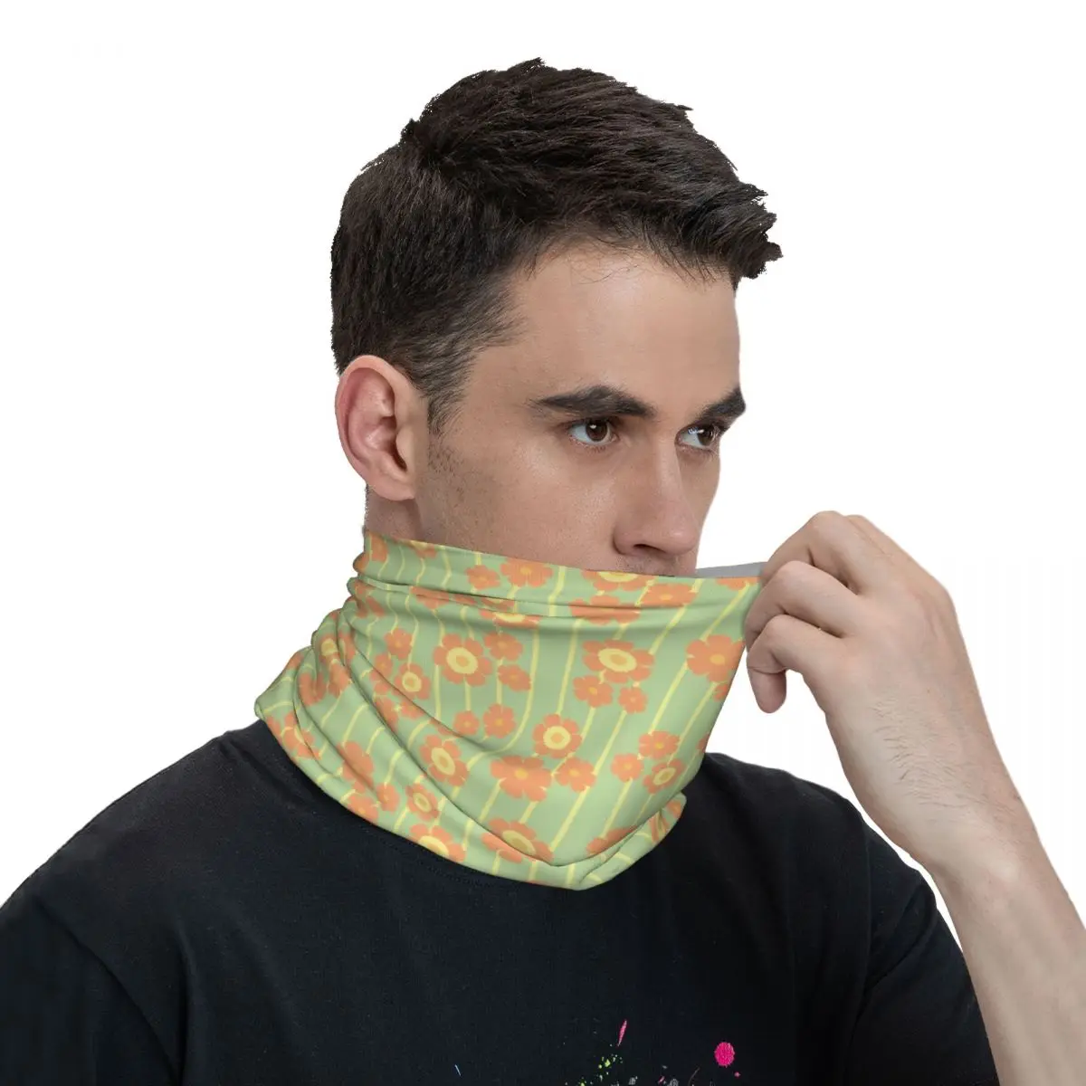 RETRO FLOWER STRIPES ORANGE AND GREEN Scarf Neckerchief Neck Face Mask Polyester