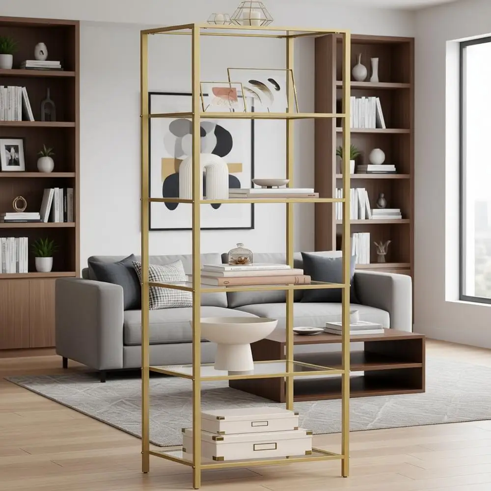 

6-Tier Tempered Glass Bookshelf - Slim Storage Unit for Home Office, Bedroom, Bathroom - Metallic Gold