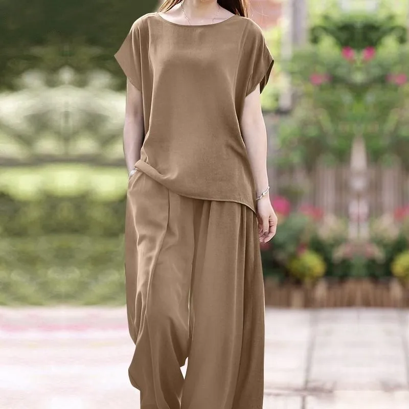 

Retro Solid Color Loose Suit Short-sleeved Round Neck Casual Top Wide-leg Pants Sets 2024 Fashion Two-piece Set Women Outfit