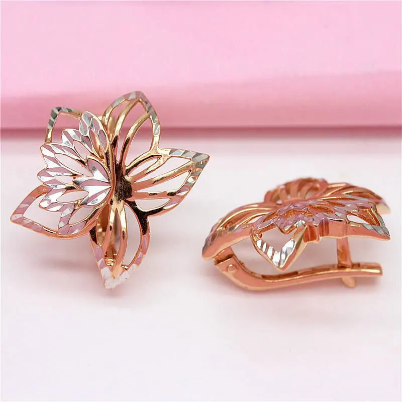 585 purple gold 14K rose gold hollow out exquisite two-color flower earrings for women romantic light luxury engagement jewelry