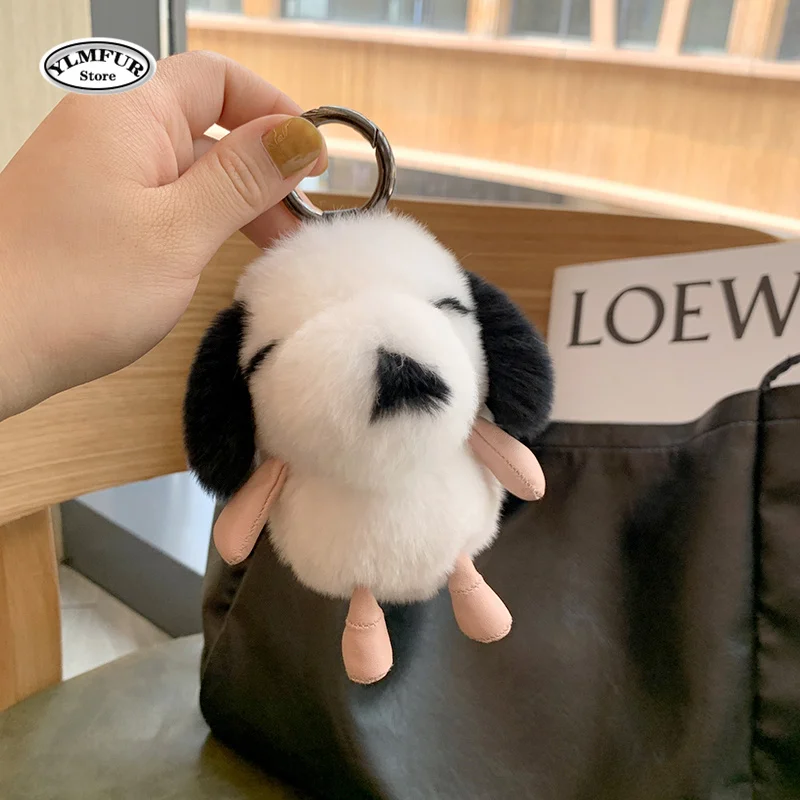 

Luxury Little Dog Cute Puppy Real Rex Rabbit Fur Pendant Keychain Trinket Keyring For Women Bag Purse Ornament Accessories Gifts
