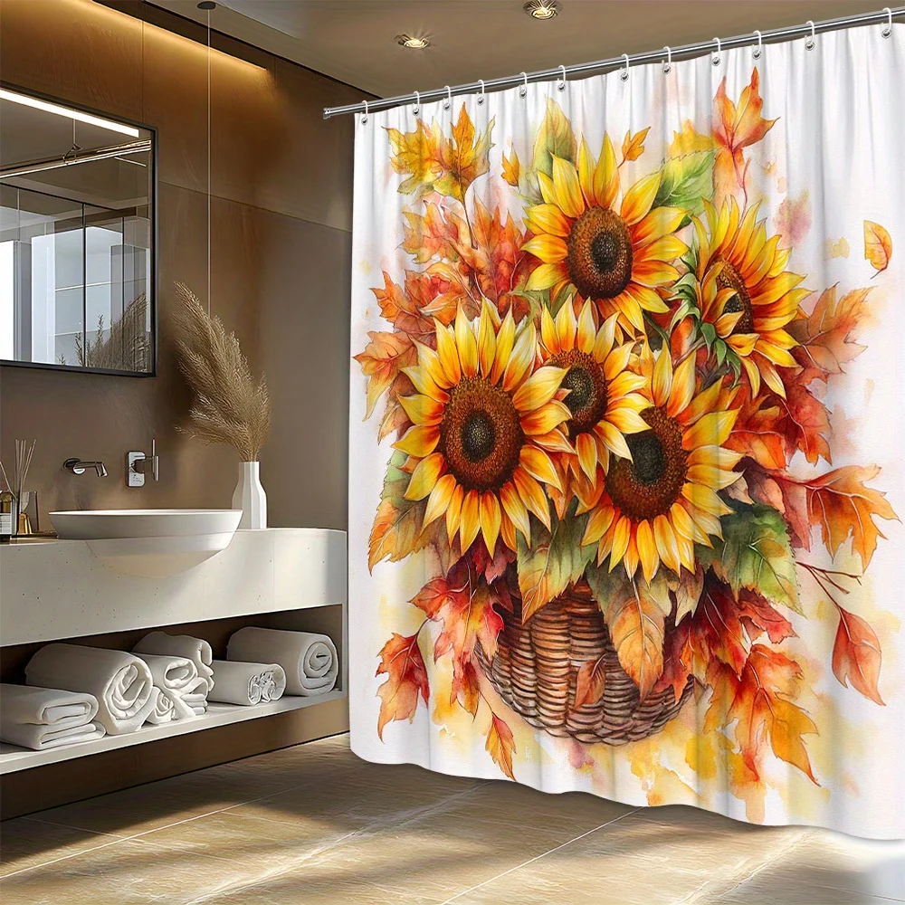 

Цельный осенний декор для ванной комнаты с реалистичными подсолнухами, корзиной в деревенском стиле, занавеской для душа с зелеными осенними листьями - полиэфирная ткань