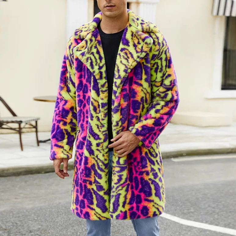 European American New Fashion Men's Colorful Leopard Casual Trendy Loose Long Sleeve Hooded Faux Fur Coats Male Clothes Tops