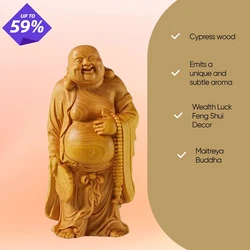 Wood carving Maitreya Buddha sculptures and figurines ，Chinese wooden  Home Room Office Table decoration and accessories