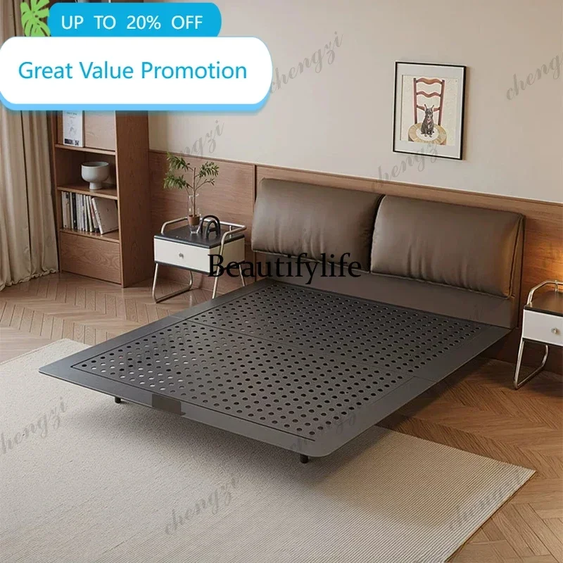 JJCC  180x200cmModern luxury wrought iron carbon steel bed 2 people leather suspended double bedroom beds and bed frame