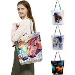 Casual Storage Tote Shoulder Bags Watercolor Horse Print Folding Reusable Portable Handbags For Women 2022 Shopping Bag