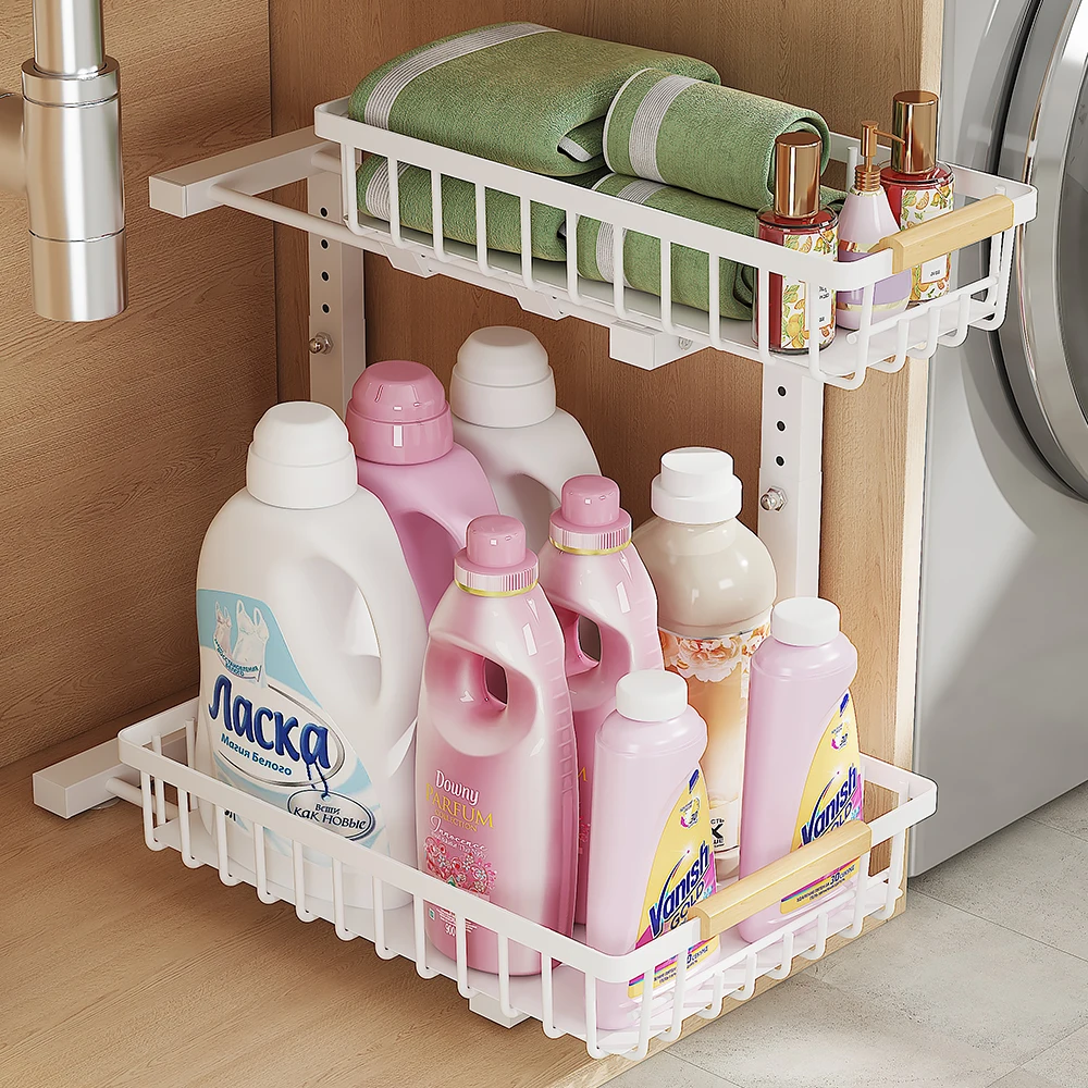 1 Set Under Sink Organizer, 2 Tier Sliding Cabinet Basket Storage Drawer