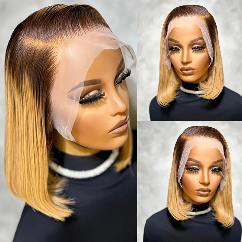 

Короткие прямые парики из натуральных волос для женщин, 13x4, прозрачные кружевные фронтальные парики, плотность 180%, бразильские волосы Remy, 4/27, цвет