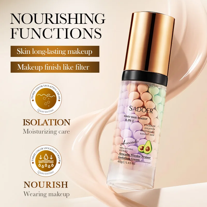 SADOER Avocado Makeup Primer - Tricolor Contour Isolator, Brightening & Moisturizing (40g)