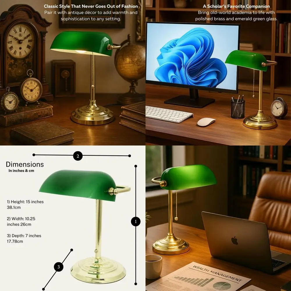 

Classic Green Glass Shade Desk Lamp with Brass Base - Vintage Style Reading Light, Office Lighting with Pull Chain