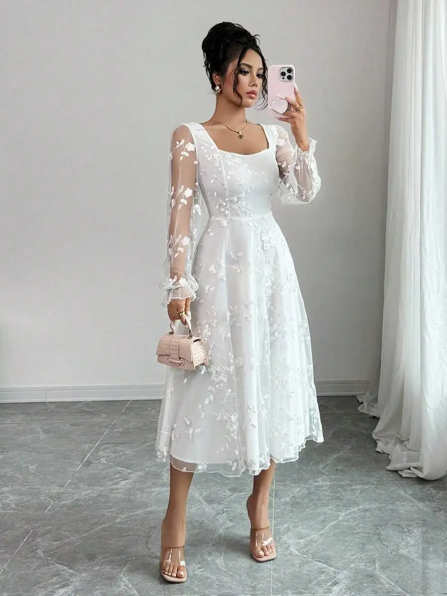 

Elegant White Lace Embroidered Midi Dress with Long Sheer Sleeves for Wedding Guest or Party