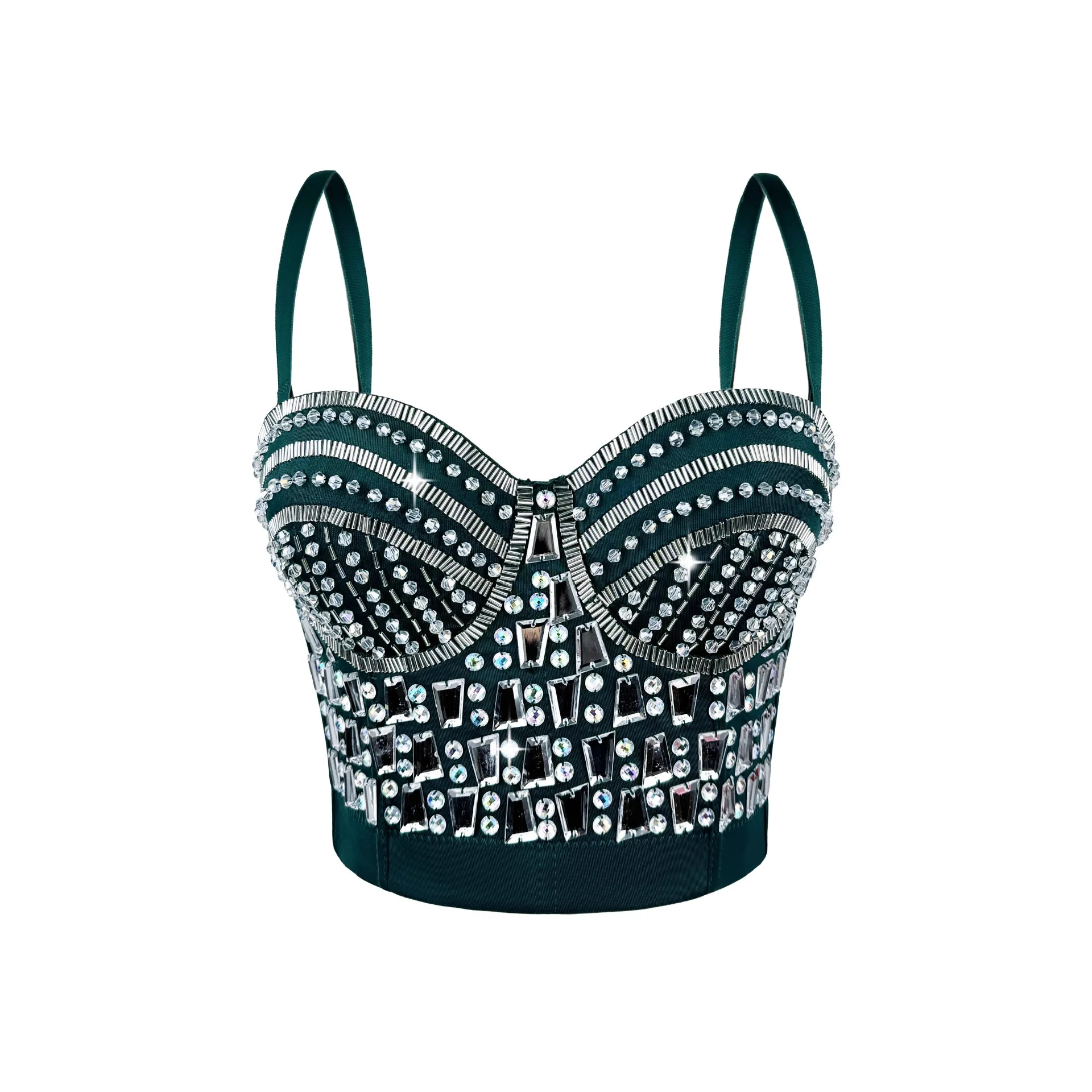 Performance Bustier with Rhinestones & Beads, Sheer Corset Bra for Dance Party, Sexy Glitter Camisole for Women, Stage Showwear