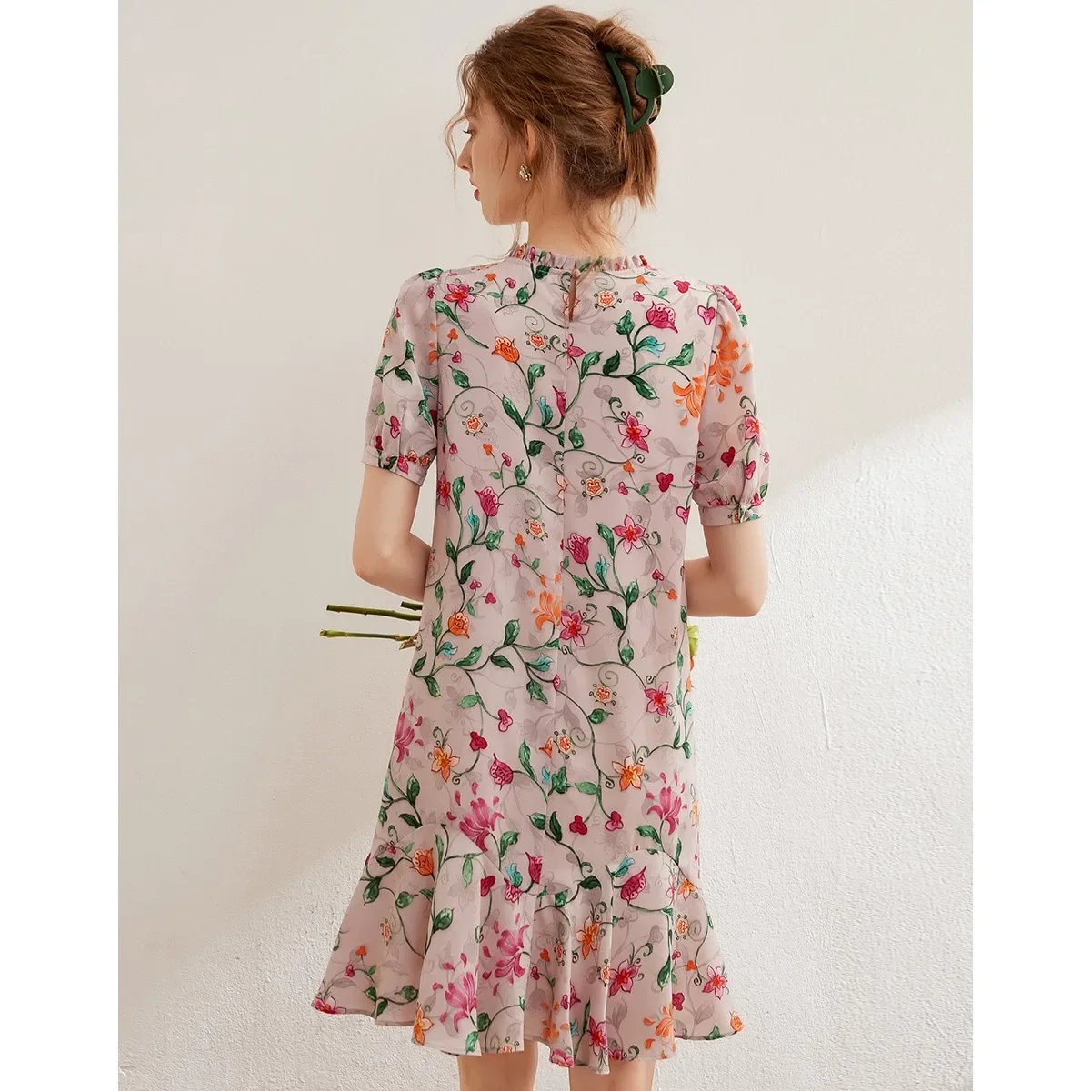 LOUIS YAO Floral Dress 2024 Summer Elegant Embroidery Beading Lace O Neck Short Sleeve Loose A-LINE Short Dress