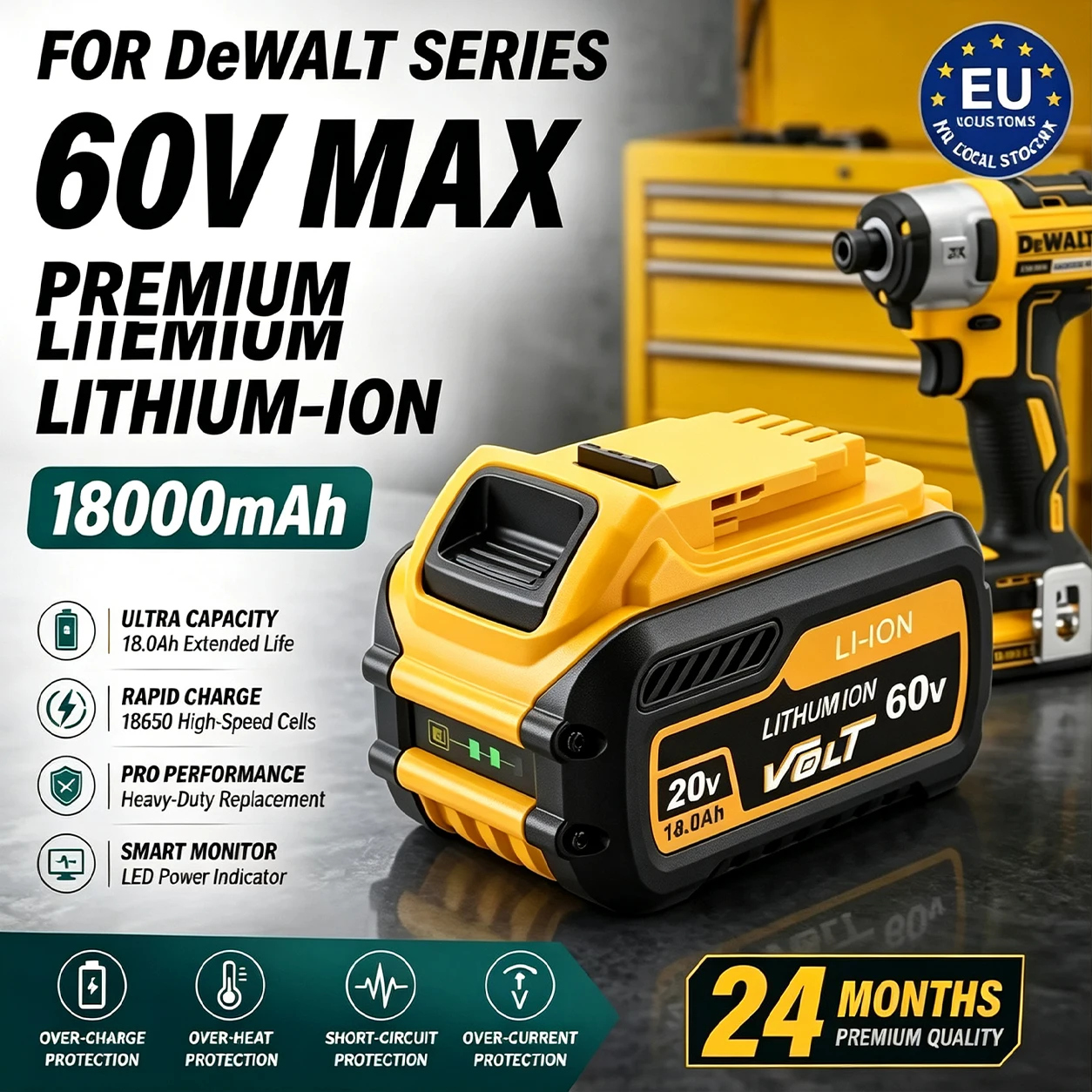 Image of 60V 18AH Wiederaufladbare Lithium-Batterie für Elektrowerkzeuge von DEWALT 60V DCB200 DCB205 DCB206 DCD805, Neue Hochleistungsbatterie