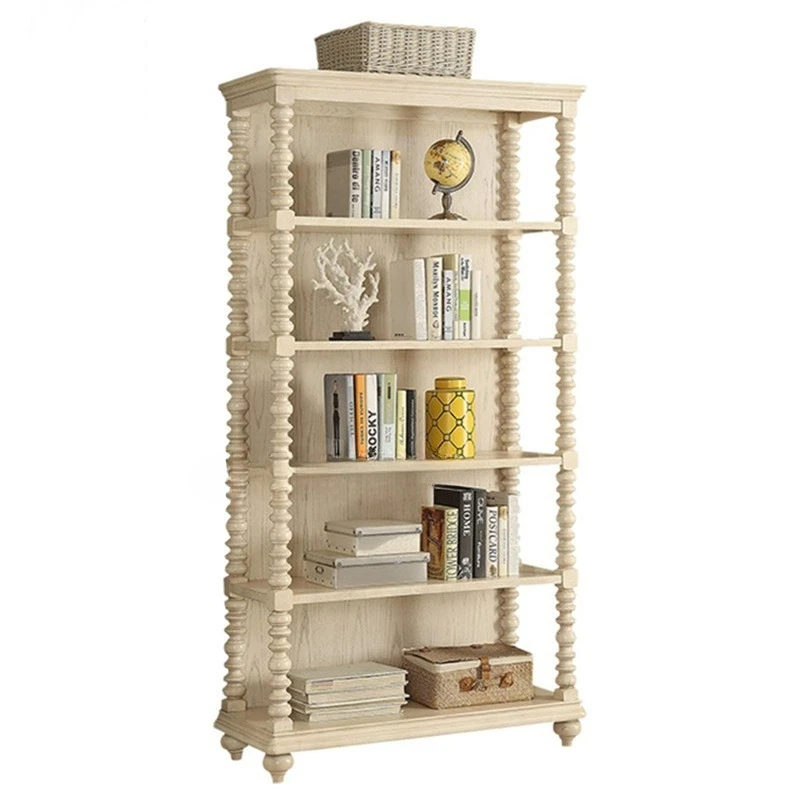 American solid wood bookcase, living room European antique white old display, locker, study retro