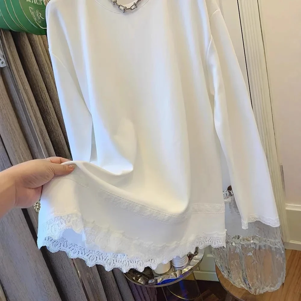 

Женская осенне-зимняя базовая футболка с длинным рукавом из французского фланеля с кружевным краем