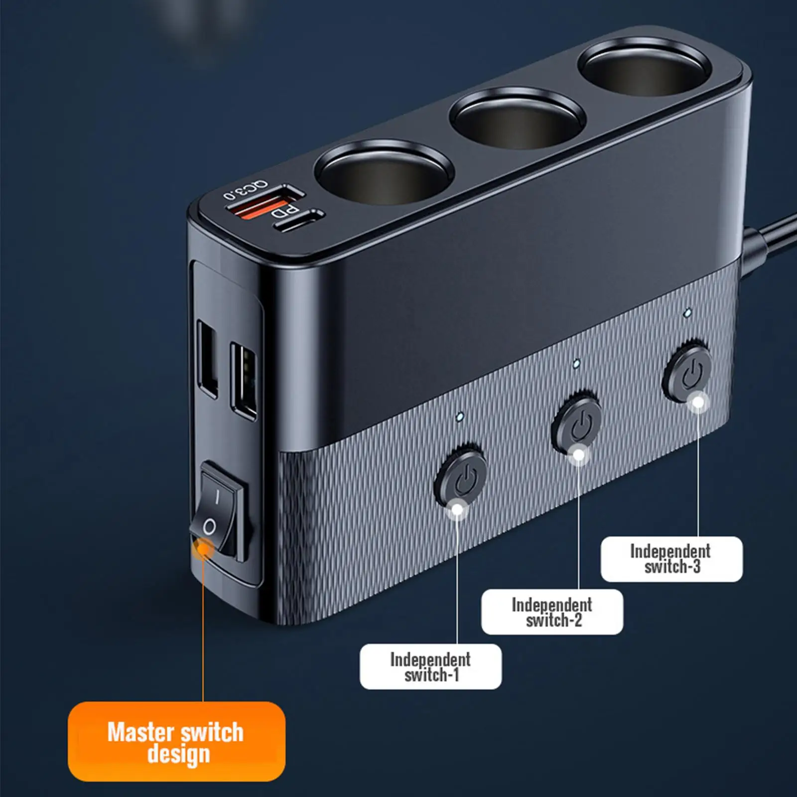 Fast Charging Car Cigarette Lighter Adapter 7 in 1 Splitter with on Off Switch 128W USB PD Port for Trucks SUV