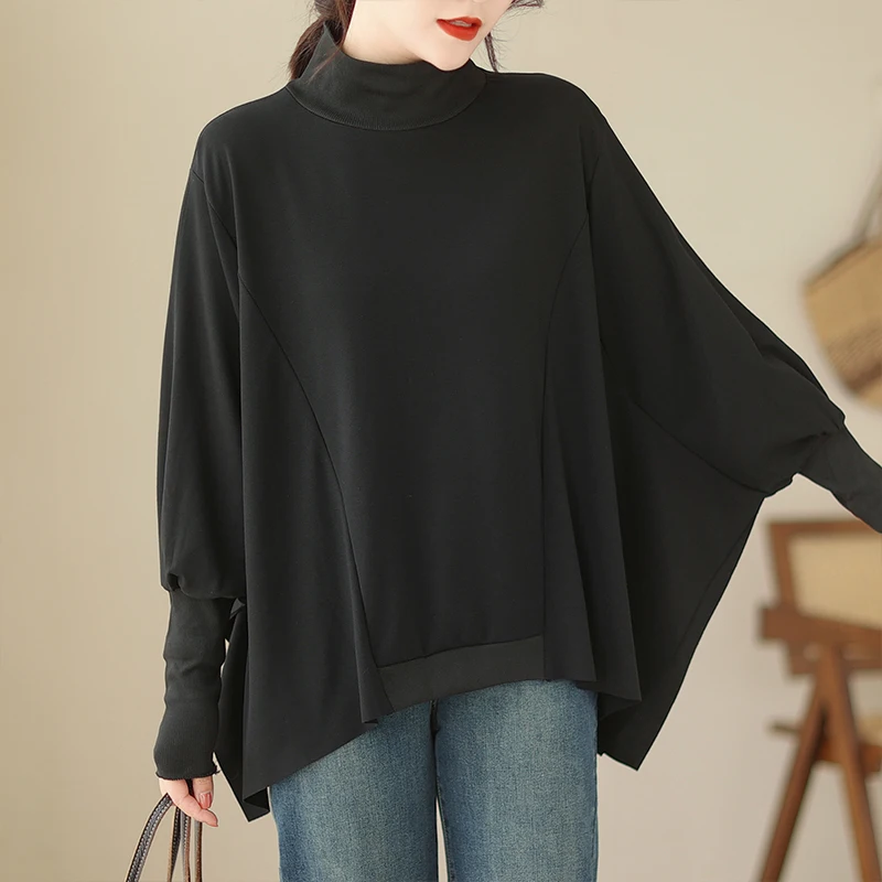 تصميم بسيط Batwing Sve هوديي f عالية الياقة البلوز الخريف جديد Sle المرأة البوليستر طويل Sve مريحة تناسب