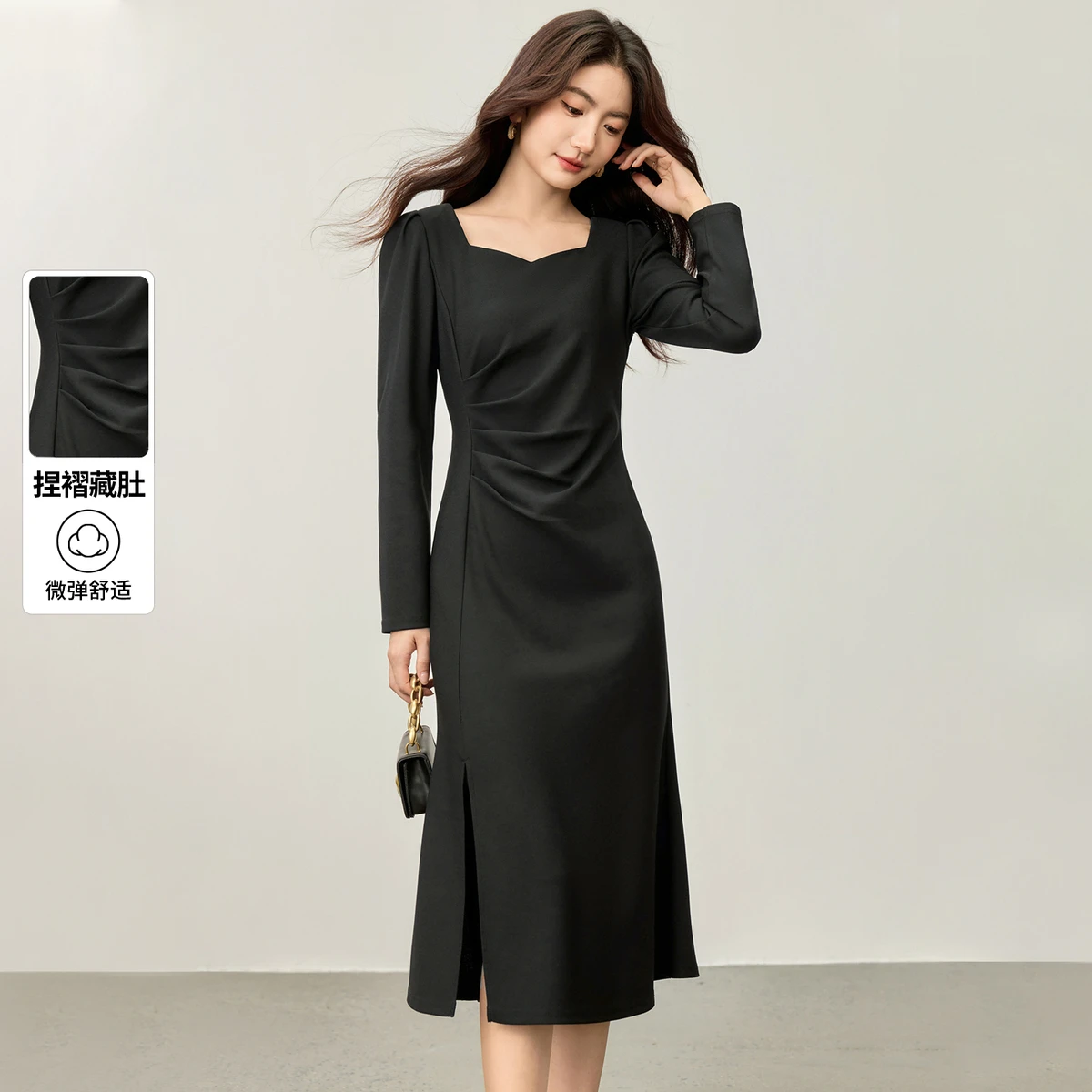 

SENTUBILA Women's Bodycon Dress 2025 Autumn Square Neck Long Sleeve Slim Fit Office Elegant Commuter Female Long Dress 153LJ2682