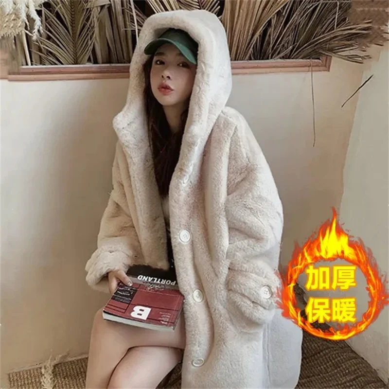 Mink fur Hooded Thick Faux Fur Coat Women's Winter New Korean version Loose Medium length Hooded Coat Female Warm Parka Overcoat