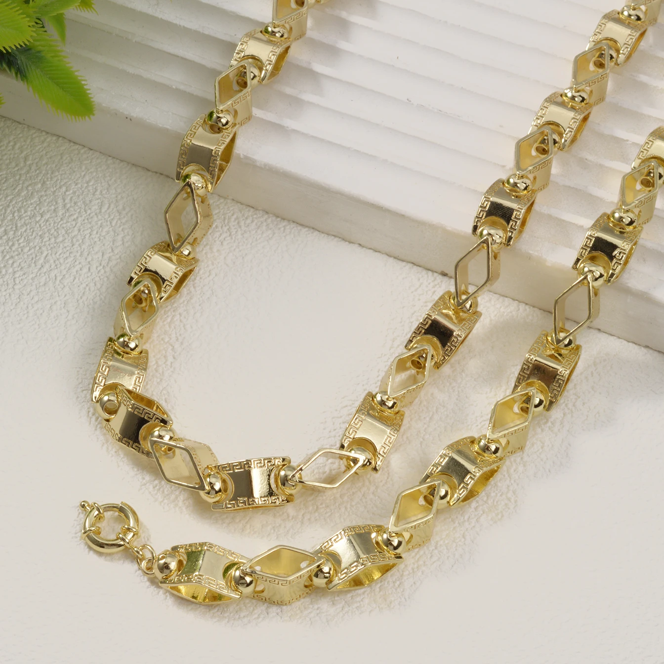 Mens Heavy Weight Chain Accessory Gold Plated Necklace Bracelet Set Hollow Textured Chain Jewelry For Men Daily Party Wear