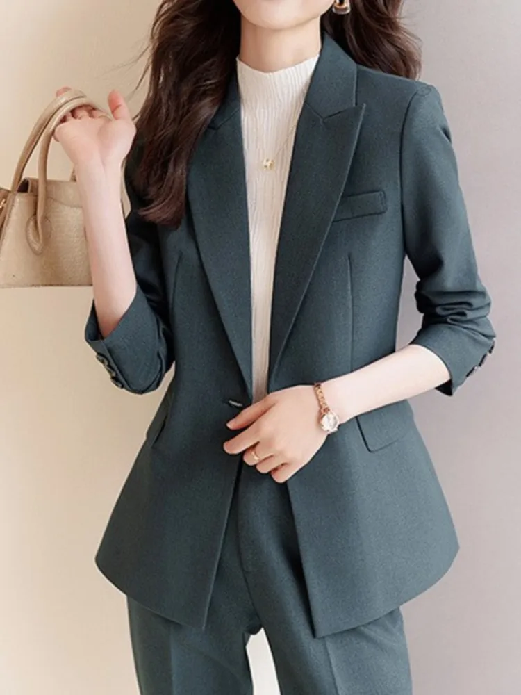 Women Vintage Formal Business Solid Trousers Suit Casual Elegant Slim Blazer Jackets and Pants Two Pieces Set Female Pantsuits