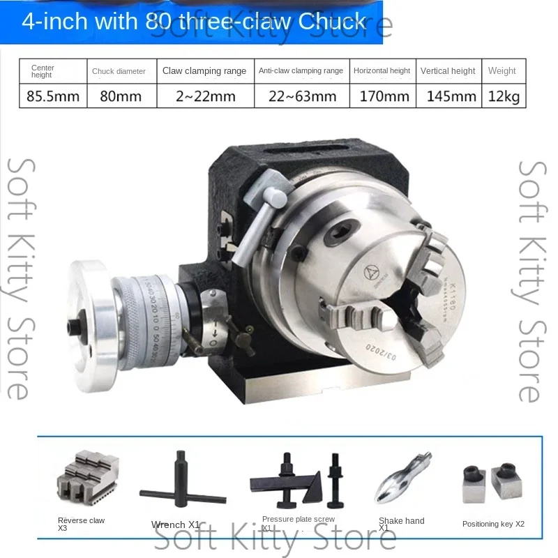 Useful 4 Inches Rotary Table Milling Indexing Head Universal Indexing Plate with Three-Jaw Chuck for Vertical & Horizontal