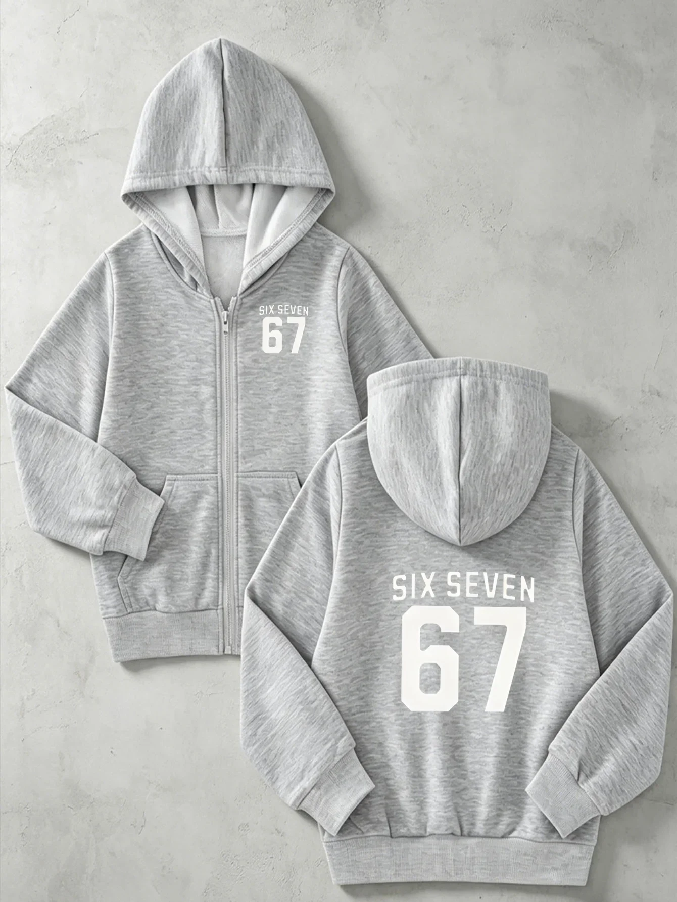 Light Gray Zip Hoodie Chest Small White Six Seven 67 Number Print Back Large Minimalist Number Letter Graphic Kids Casual Jacket