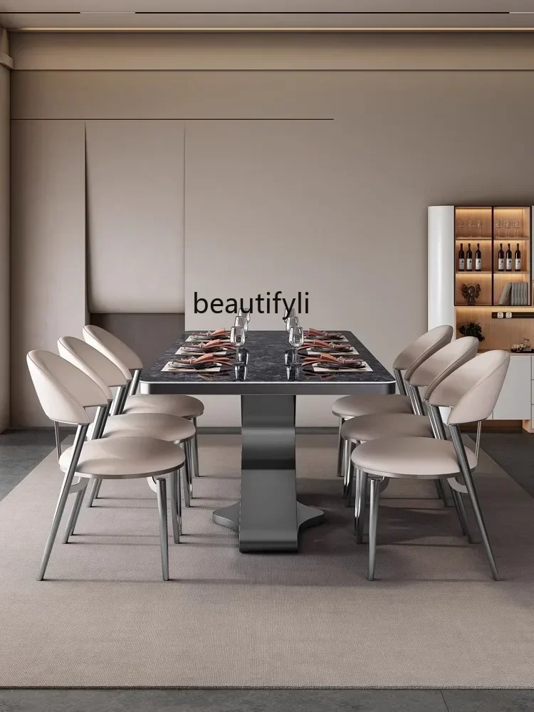 อิตาเลี่ยน Minimalist หรูหราโต๊ะรับประทานอาหารเก้าอี้ผสมหนาหินแผ่นตารางโมเดิร์นสี่เหลี่ยมผืนผ้า High-G