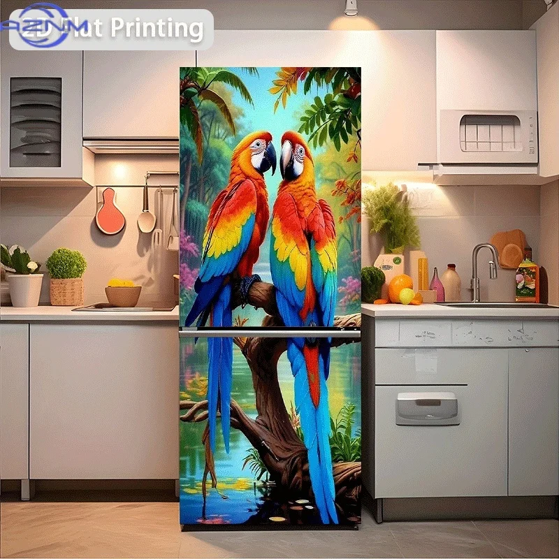 2D Printed Design Refrigerator Sticker Two Colorful Macaws Perched on a Branch Wall Sticker Decorative Wallpaper Self