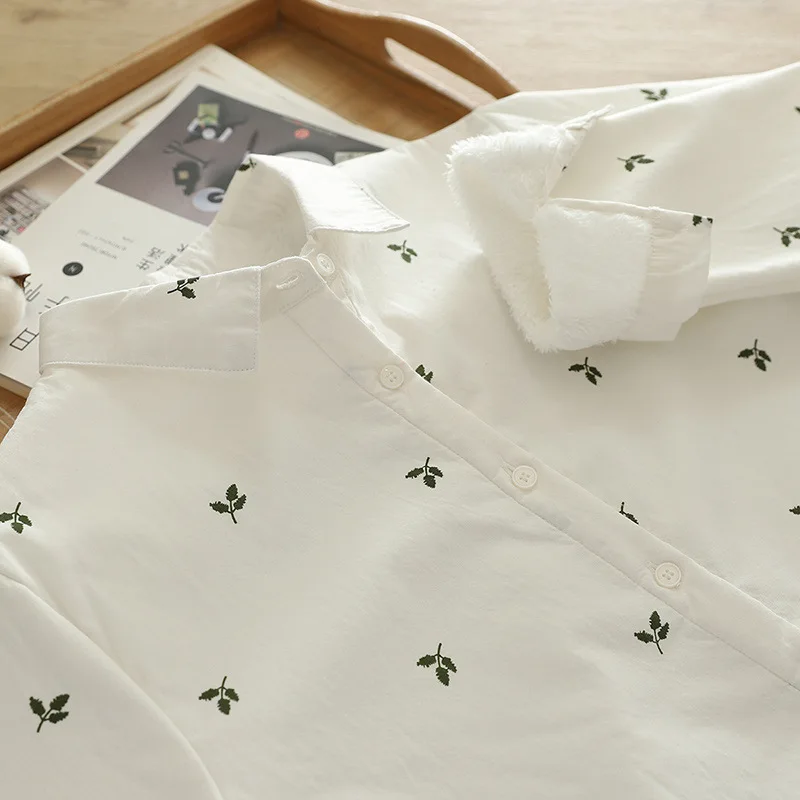 [Estoque pronto] blusa feminina de fio de algodão 100% de alta qualidade, camisa com folhas de lã quente, camisas brancas espessadas, top feminino