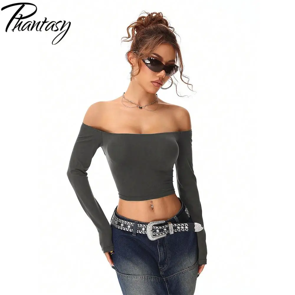 

2026 Spring Autumn New Arrival Trendy Long-Sleeve Solid T-Shirt Sweet Spicy Cropped Backless Off-Shoulder Top Sexy Streetwear