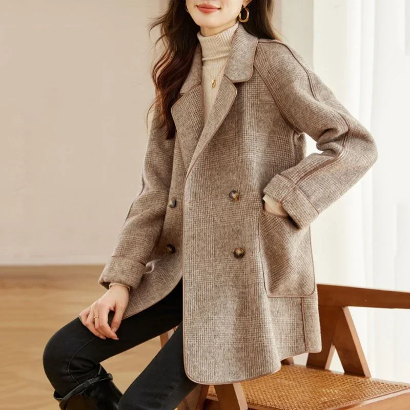 

Woolen Coats Fashion Office Lady Turn-Down Collar Double Breasted Winter New Jacket for Women Pocket Retro Plaid Outerwear