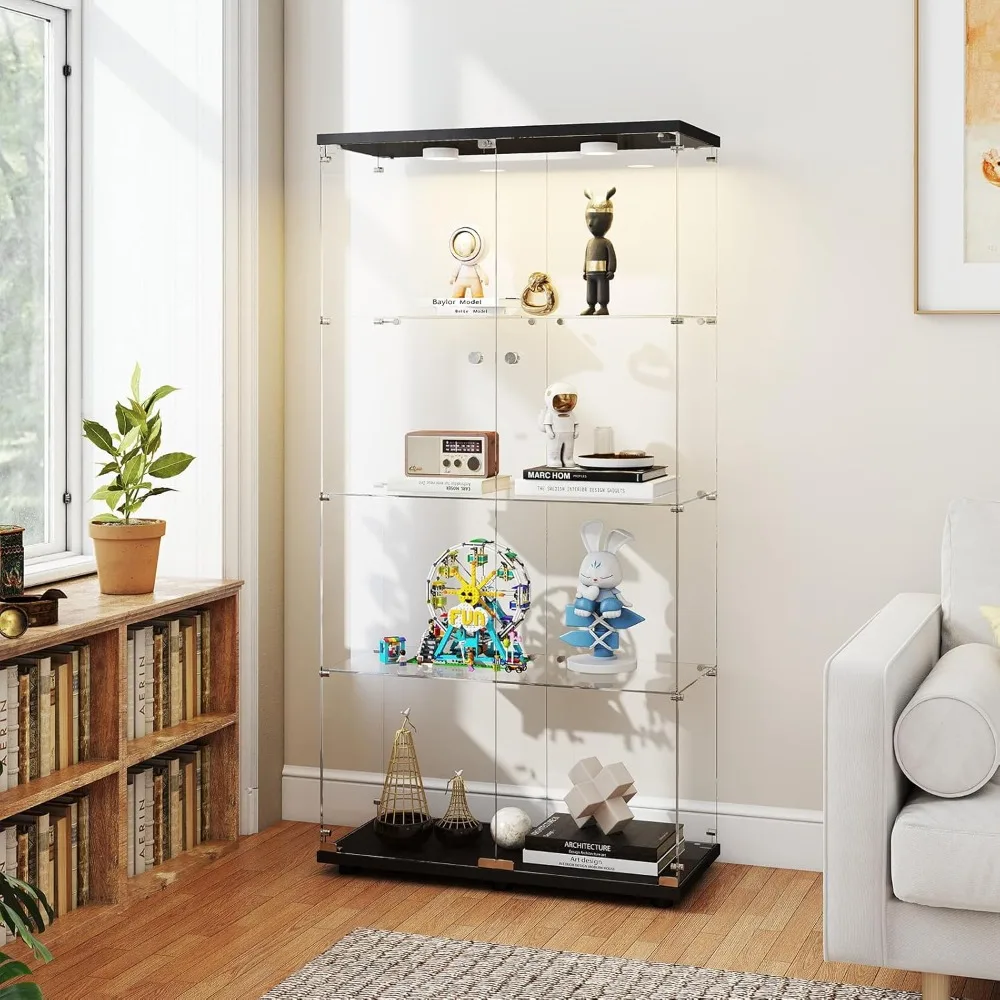 

LED 4-Tier Glass Display Cabinet with Glasses Doors and Lock, Glasses Displays Case for Collectibles, Glass Display Cabinet