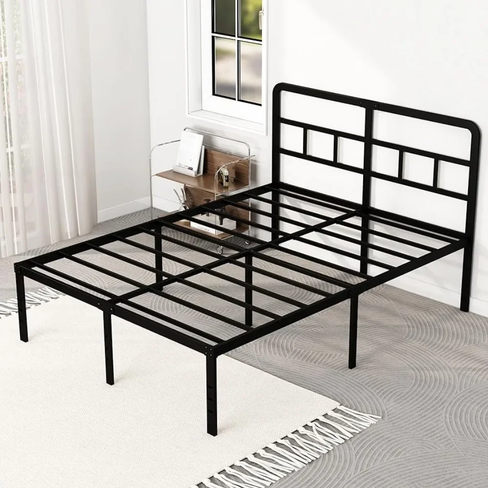 

18" full-size bed frame with headboard, no springs required, with steel slats, heavy duty metal queen platform bed frame