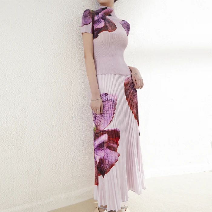 Miyake Summer Ladies Fashion Pink Short Skirt Set Short Sleeve Elastic Waist Flowers Print Pleated Skirt Two Piece