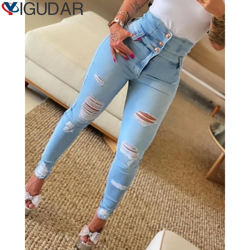 

2025 женские рваные джинсы крест-накрест на шнуровке, сексуальные эластичные длинные джинсовые брюки-карандаш с высокой талией, модные уличные брюки с дырками