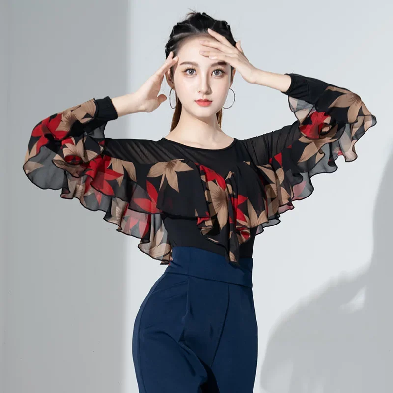 2023 NEW Adult Women Ballroom Costume Modern Latin Dance Top Chest Pad Long-sleeved Chiffon Lady Sexy Mesh Fabric Dancewear